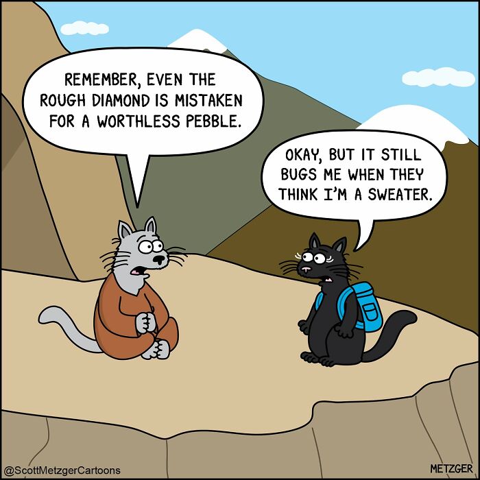 A Scott Metzger comic about cats discussing being mistaken for a sweater, capturing the weird logic of cats and dogs.
