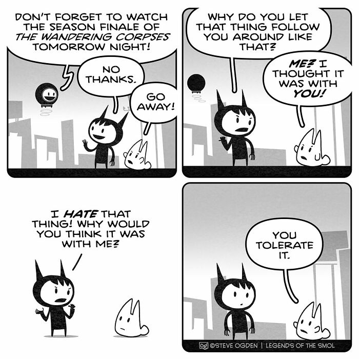 Adorable comics character with big confidence tolerating a dark, hovering creature following him.
