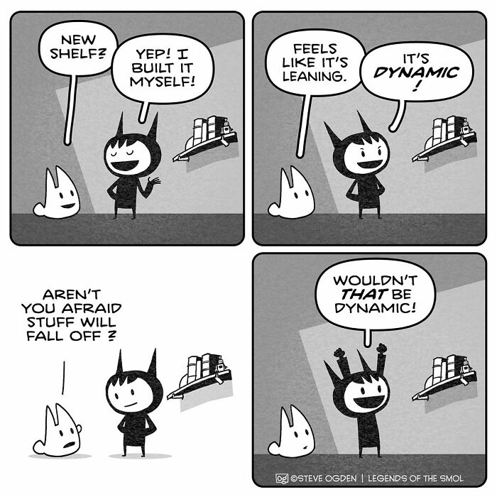 Adorable comics character with big confidence showing off his leaning, dynamic new shelf to a friend.
