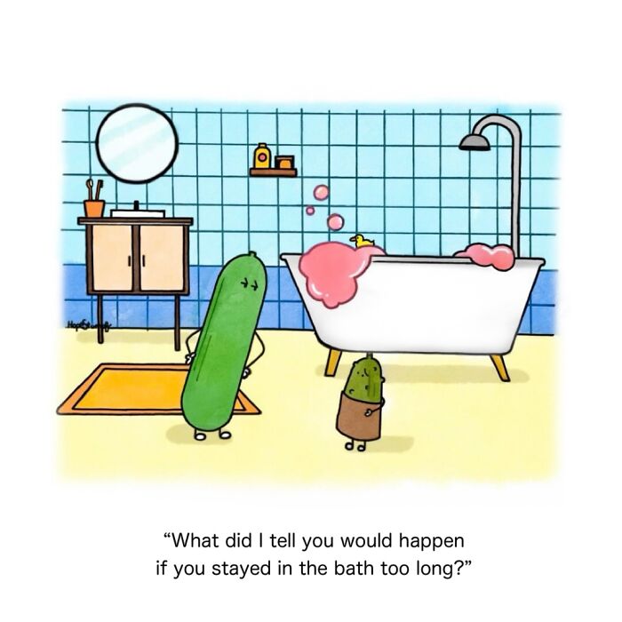 Relatable comic of a cucumber in a bathroom, standing by a bathtub, talking to a pickled cucumber.
