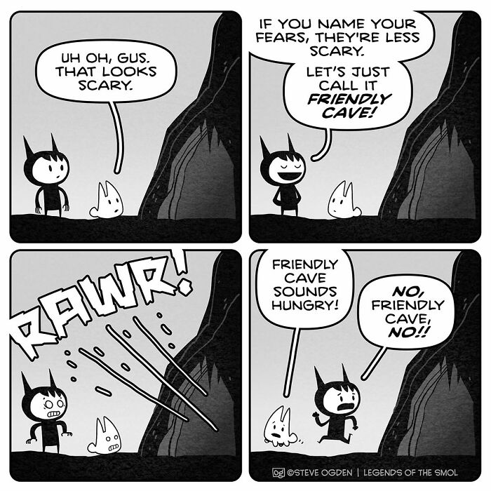 A tiny character in an adorable comic encounters a 'scary' cave, showing big confidence.
