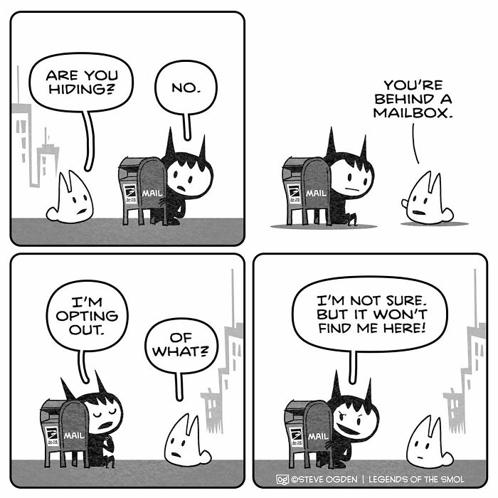 An adorable comic shows a tiny character hiding behind a mailbox, expressing big confidence.
