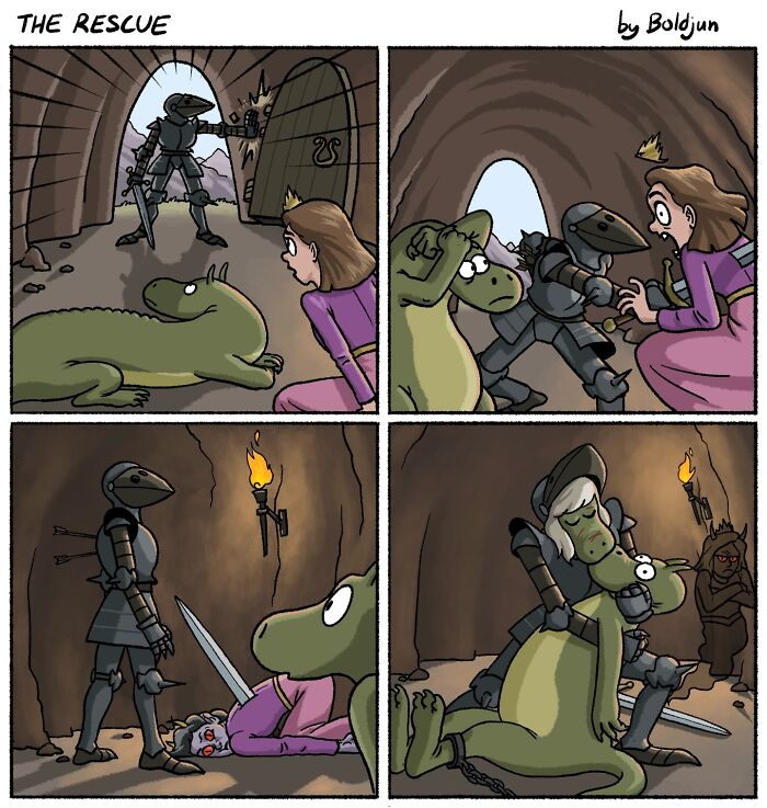 Dark and funny comic about a dragon rescuing a knight instead of a princess.