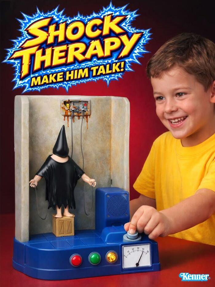 A young boy smiles while operating a 'Shock Therapy' figurine, a bizarre collectible by Forbidden Toys.