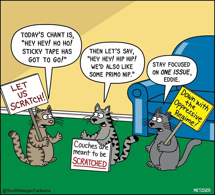 A comic by Scott Metzger shows cats protesting sticky tape, showcasing the weird logic of cats and dogs.