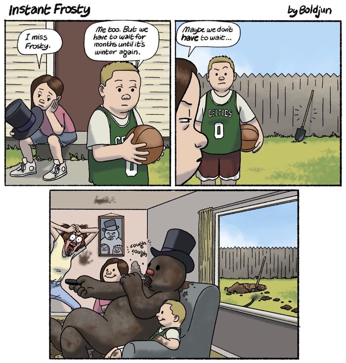 A dark and funny comic showing children making a dirty snowman to bring back Frosty with dark humor.