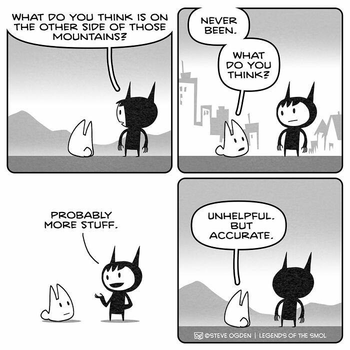 A tiny character in an adorable comic discusses mountains, demonstrating big confidence.