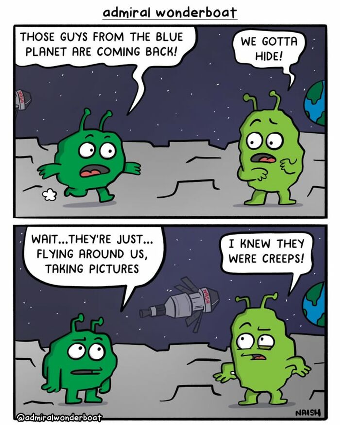 Funny comic showing green aliens on the moon reacting to a satellite, a dark comic about life and friendship.