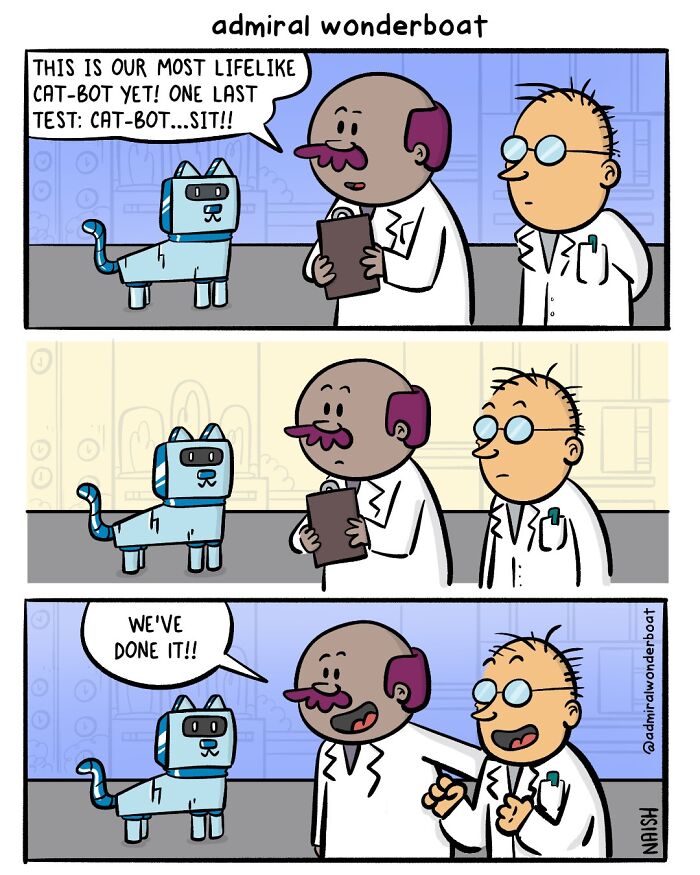 A comic about friendship and life, showing scientists celebrating their lifelike cat-bot that can sit.