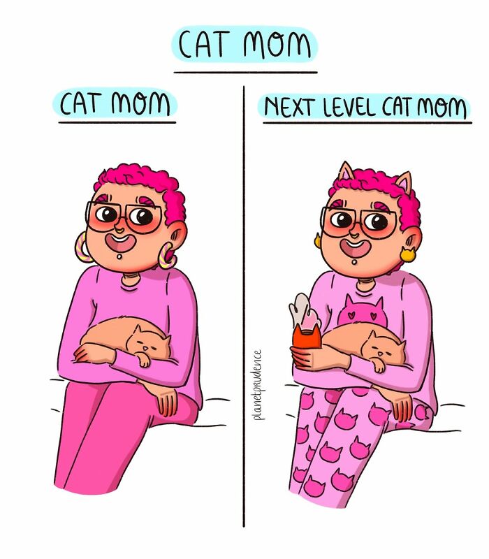 Artist illustrates being a woman: comparison of a cat mom and a next-level cat mom with their pets.