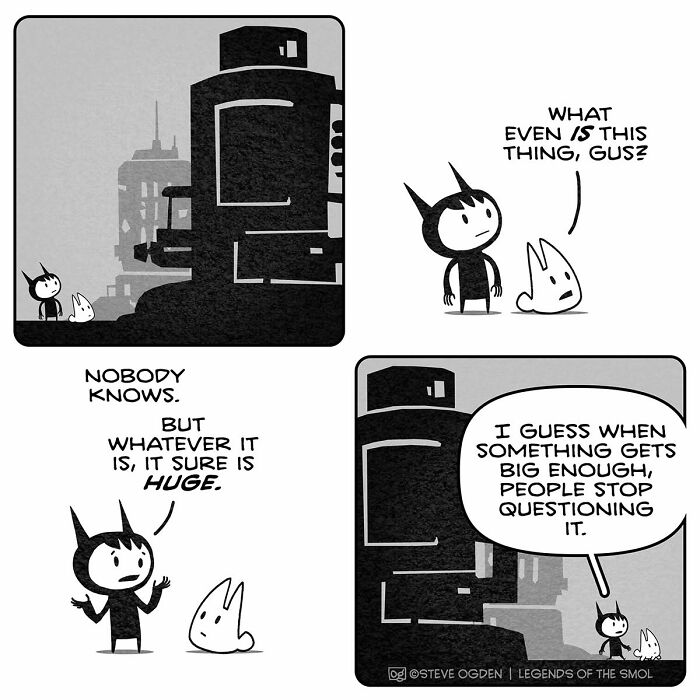 An adorable comic shows a tiny character questioning a huge, unidentifiable object.