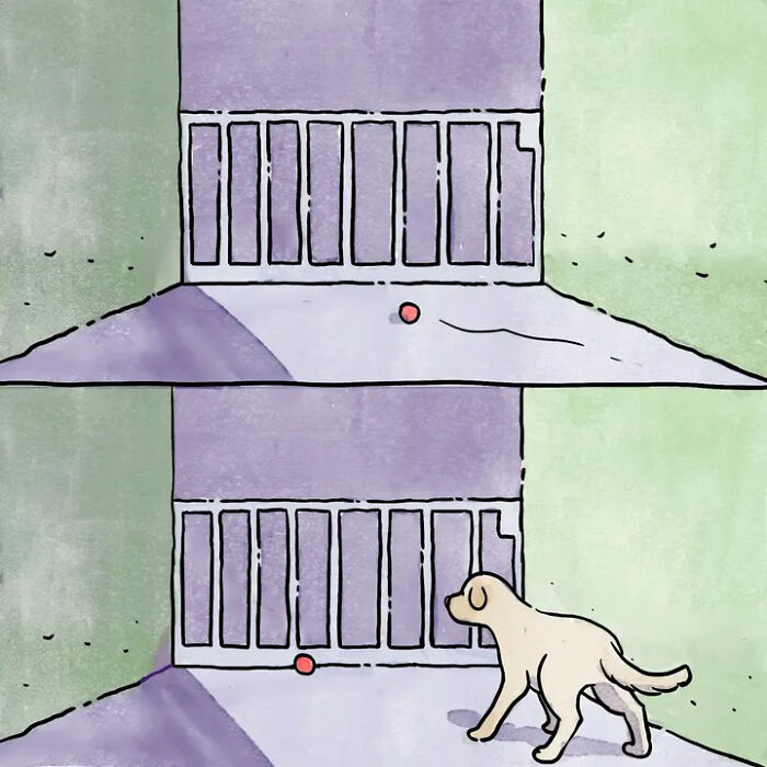 A heartwarming comic depicting a dog attempting to retrieve a ball from under a fence, illustrating life with pets. A heartwarming comic depicting a dog attempting to retrieve a ball from under a fence, illustrating life with pets.