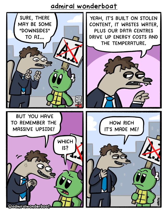 A comic about friendship and life, featuring characters discussing the downsides and upsides of AI.