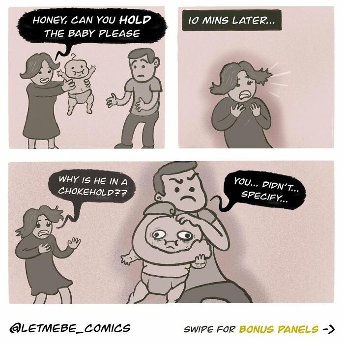 A comic artist shows a mother asking her husband to hold the baby, then finds the baby in a chokehold in an unhinged storyline.