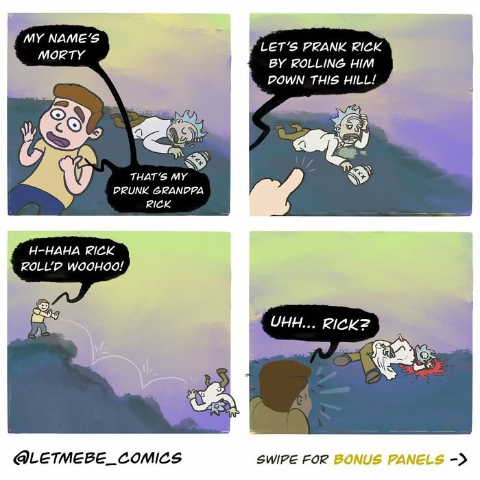A comic artist illustrates Rick and Morty in a hilariously unhinged storyline where Morty rolls a drunk Rick down a hill.
