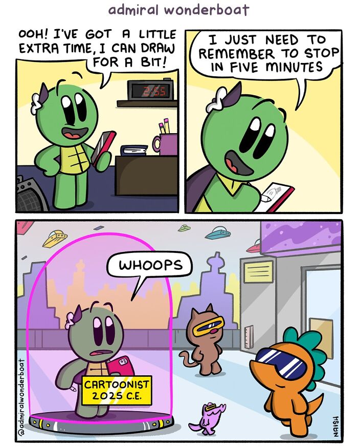 A comic about friendship and life, depicting a cartoonist character being zapped into the future.