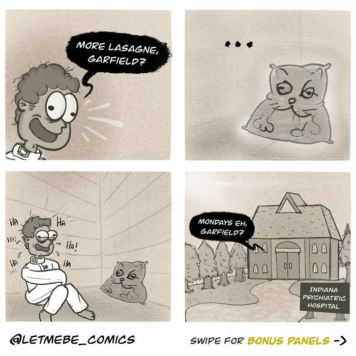 A comic artist creates an unhinged storyline where Jon offers Garfield lasagna, then laughs maniacally in a straitjacket.