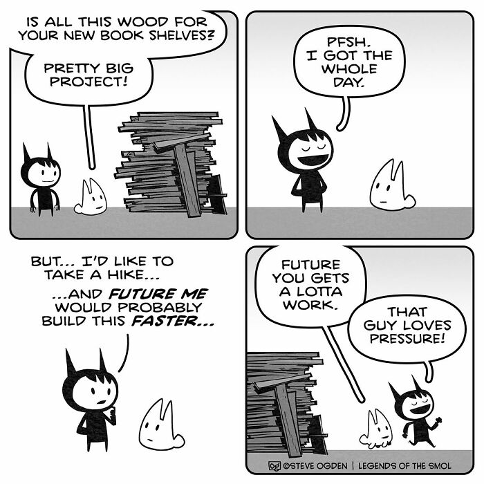 A tiny character in an adorable comic puts off building bookshelves, showcasing big confidence.