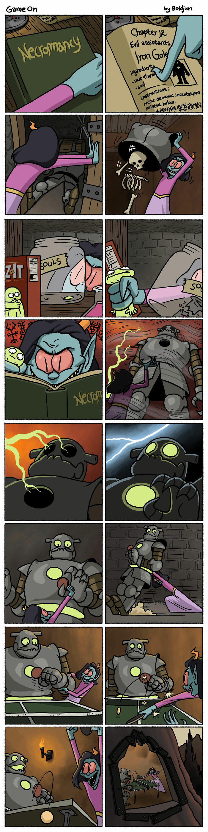 A comic depicting a girl using dark humor and fantasy to bring a robot to life, then battling it.