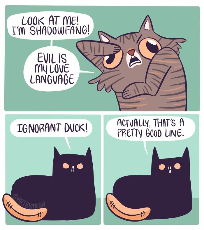 A comic about life with a cat: Shadowfang declares 'Evil is my love language' to a black cat with 'Commander Banana'.