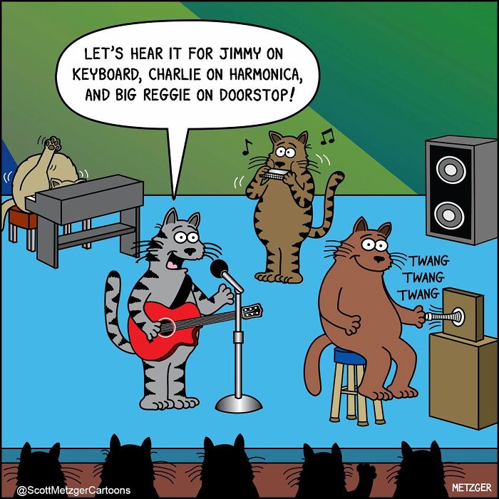 A comic of cats performing music, with one playing a 'doorstop' as an instrument, illustrating the weird logic of cats.