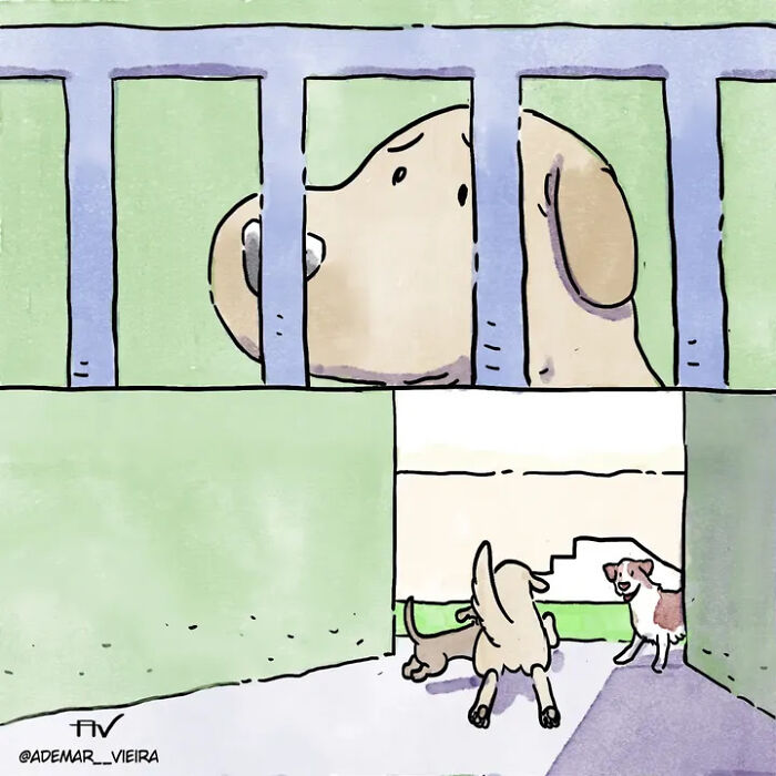 A heartwarming comic featuring a dog's face peering through a fence and another dog's rear view, showing life with pets. A heartwarming comic featuring a dog's face peering through a fence and another dog's rear view, showing life with pets.