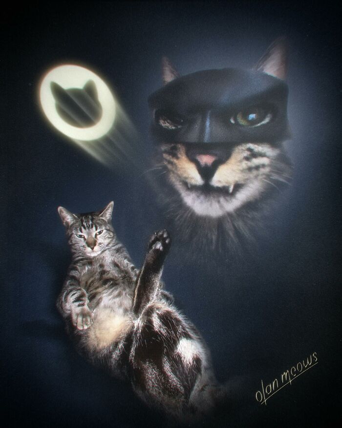 A pet cat lounging below a Batman-style cat signal and a fierce cat in a superhero mask, given a hilarious over-the-top 80s portrait treatment.