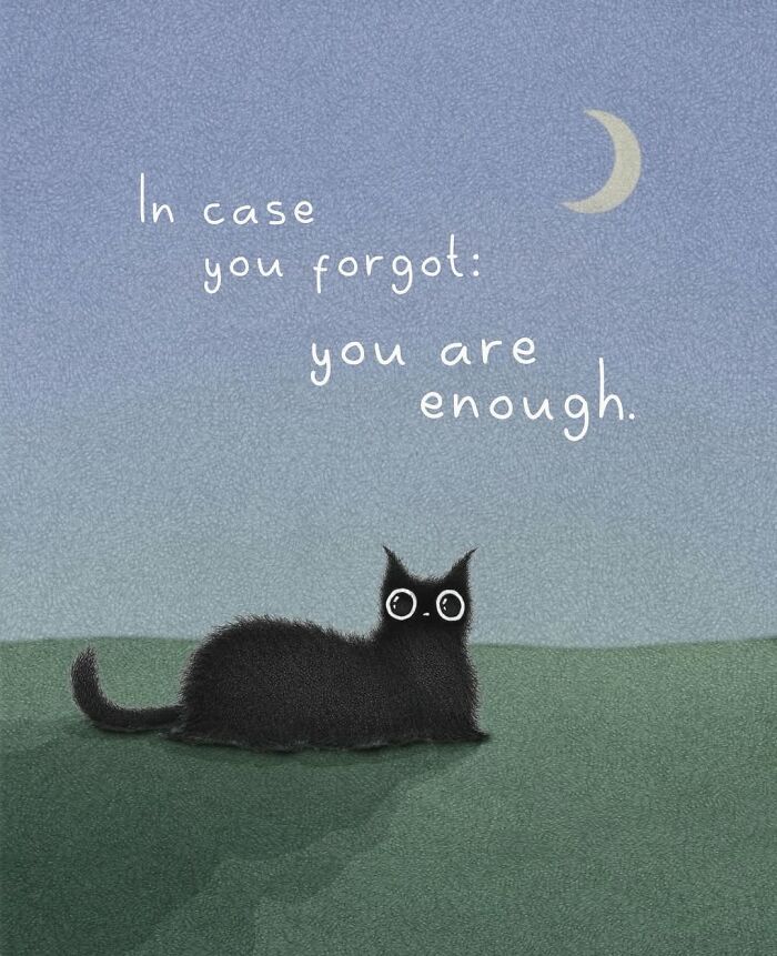 Adorable illustrations of cat behavior: A black cat under a crescent moon with the message: You are enough.