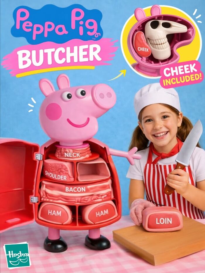 A girl in a chef hat holds a knife next to a Peppa Pig butcher figurine, a bizarre toy by Forbidden Toys.