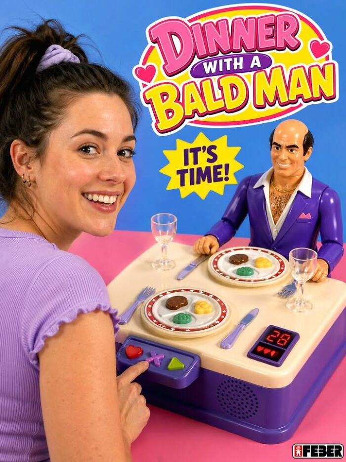 A woman smiles next to a 'Dinner with a Bald Man' figurine playset, a bizarre collectible from Forbidden Toys.