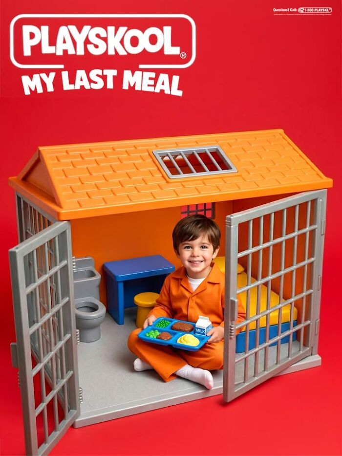 A young boy smiles in a jail cell playset, holding a tray of food, a bizarre figurine from Forbidden Toys.