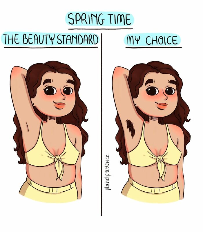 Artist illustrates being a woman: beauty standards vs my choice for armpit hair during spring time.