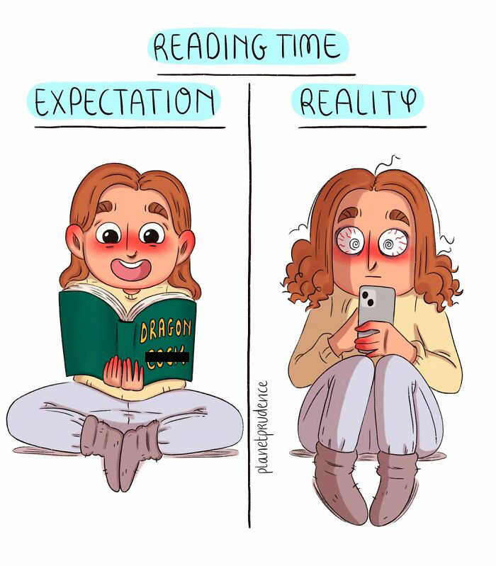 Artist illustrates being a woman: expectation vs reality of reading time, book vs phone scrolling.