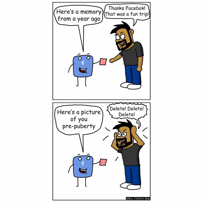 A relatable comic illustrating the humor in social media memories, showing a man happily accepting an old memory but reacting with horror to a pre-puberty photo.