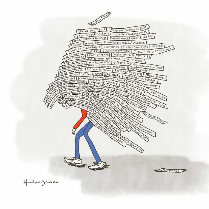 Cartoonist highlights messy parenting with a mom carrying a huge stack of to-do items on her back.