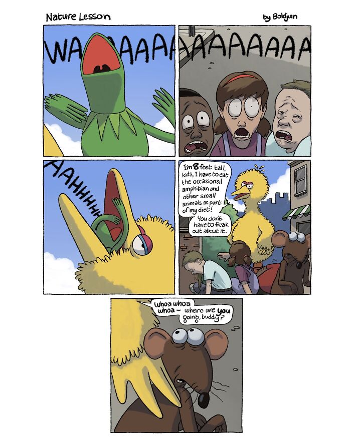 A dark humor and fantasy comic where Big Bird explains his predatory diet to horrified children and Kermit the Frog.