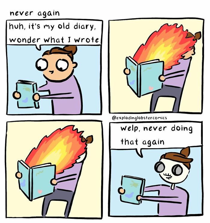 A comic strip about a person's old diary catching fire, featuring cats, cryptids and questionable life choices.