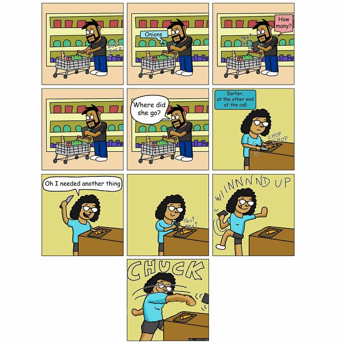 A relatable comic shows a man shopping, texting about onions, and then his partner returns to chop onions, winning a challenge.