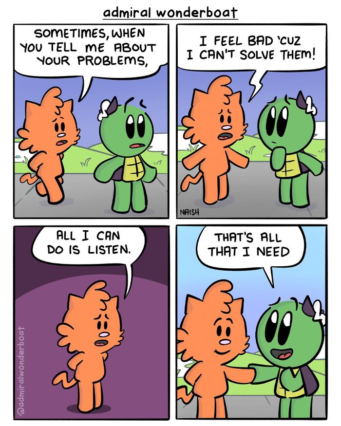 Funny comic about friendship and life problems. An orange character listens to a green one, offering support and understanding.