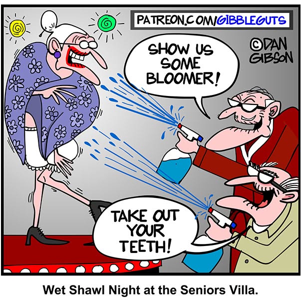 Hilarious one-panel comic by Dan Gibson: Two older men spraying water at an older woman dancing on stage.