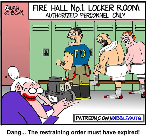Hilarious one-panel comic by Dan Gibson: an older woman with a camera in a fire hall locker room.