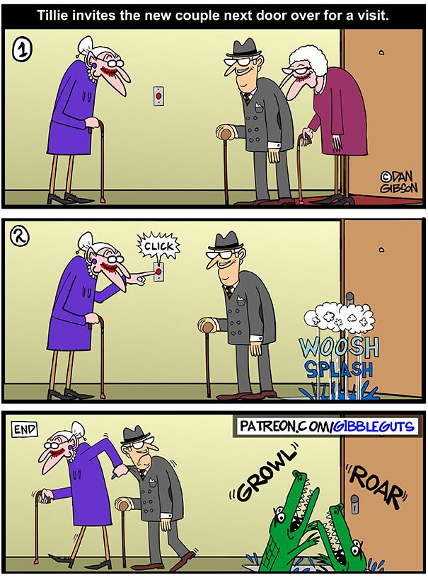 Hilarious one-panel comic by Dan Gibson: an older woman opening a door to alligators for a new couple.