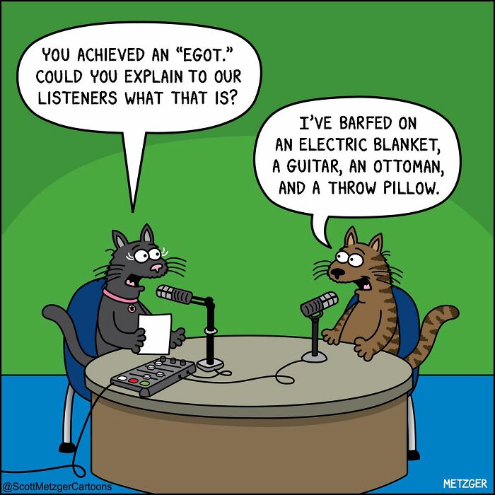 A comic of two cats on a podcast, one explaining the weird logic of cats barfing on household items.