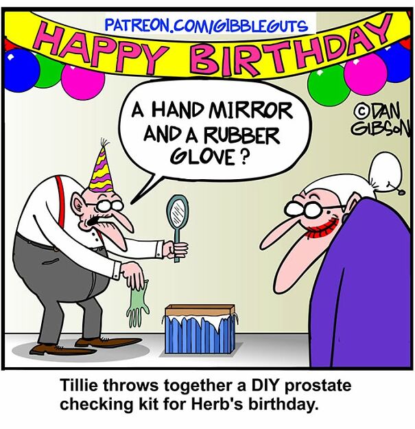 Hilarious one-panel comic by Dan Gibson: Older man with a party hat holding a mirror and glove, woman looks on.