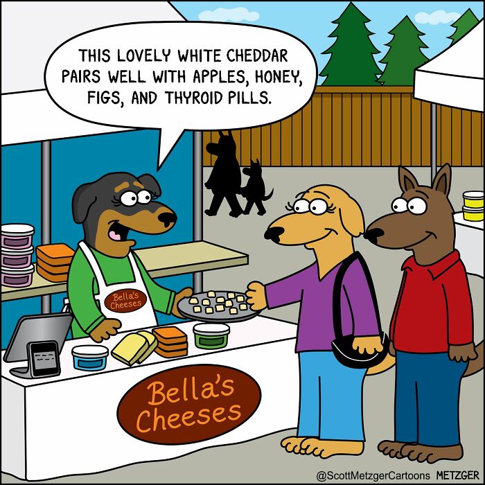 A comic of dogs at a cheese stand, one discussing unique pairings like thyroid pills, showcasing the weird logic of dogs.