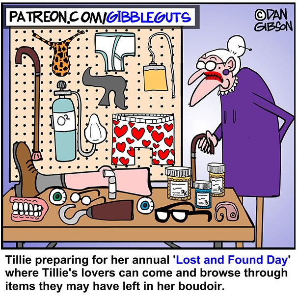 Hilarious one-panel comic by Dan Gibson: Older woman looking at a wall with various items like underwear and oxygen tanks.