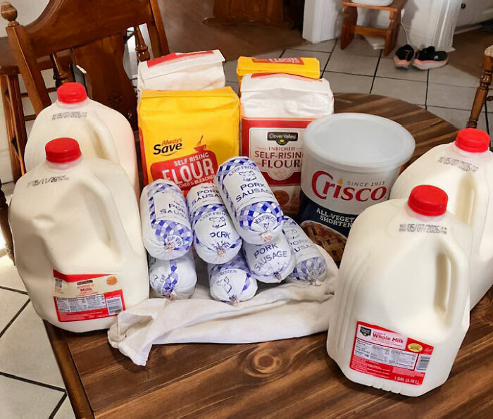 Groceries including milk, flour, Crisco, and pork sausage, supplies for the Missouri grandma's free breakfasts. Groceries including milk, flour, Crisco, and pork sausage, supplies for the Missouri grandma's free breakfasts.