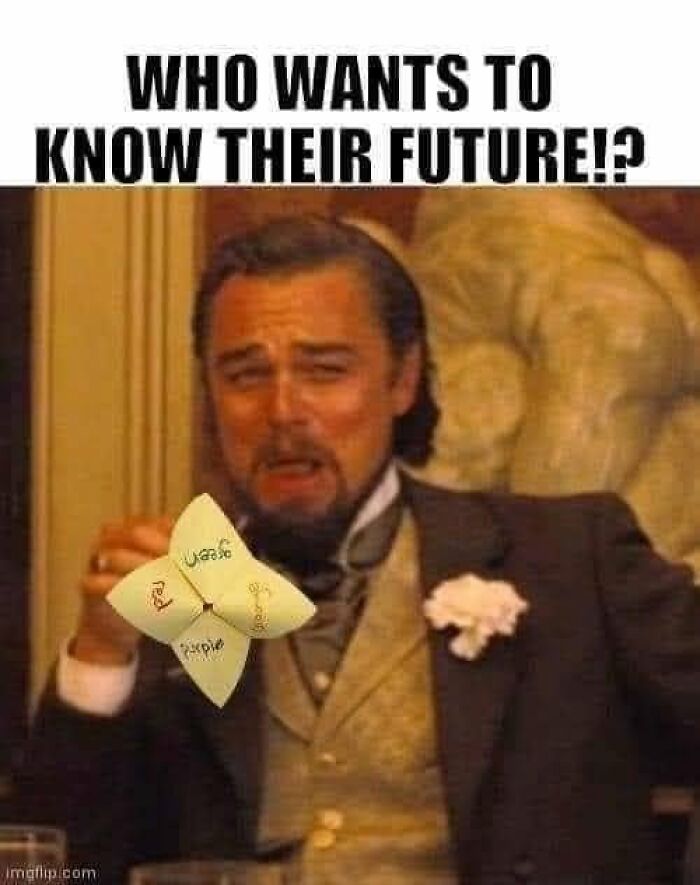 A meme of Leonardo DiCaprio holding a paper cootie catcher, asking Who wants to know their future?! a Gen X callback.