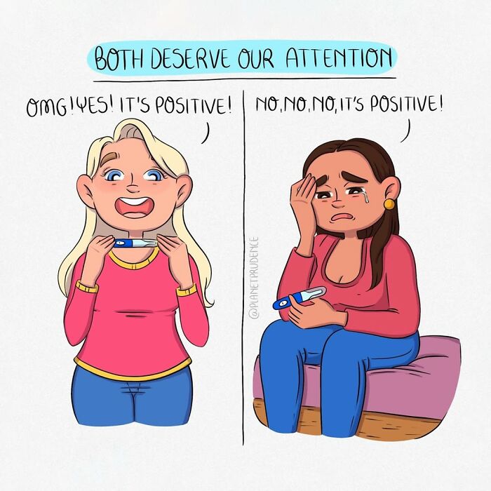 Artist illustrates being a woman: joy and sorrow of positive pregnancy tests, both deserving attention.