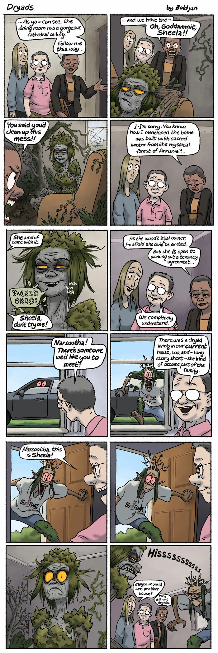A comic featuring a dryad, Sheela, in a messy apartment, showcasing dark humor and fantasy elements.